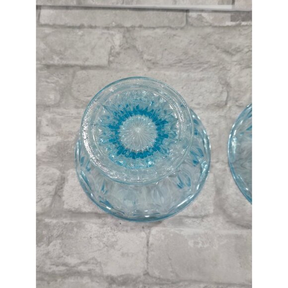 Vintage Lot of 2 Matching Aqua/Turquoise Blue Glass Thumbprint Pedestal Bowl Thu - Picture 4 of 10